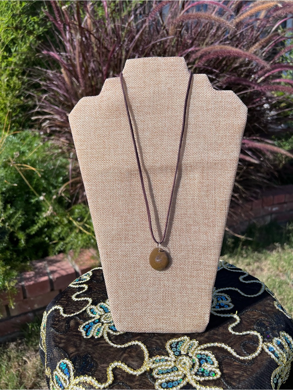 Round Brown Pendant Necklace on Cord
